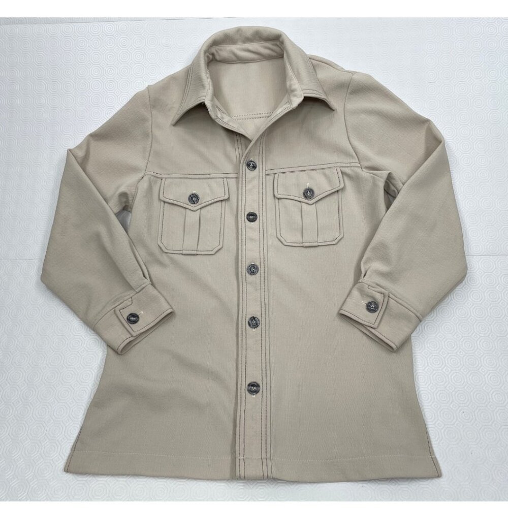 Vintage 70s Wide Collar Disco Polyester Ivory Safari Lounge Shirt Jacket Men's M